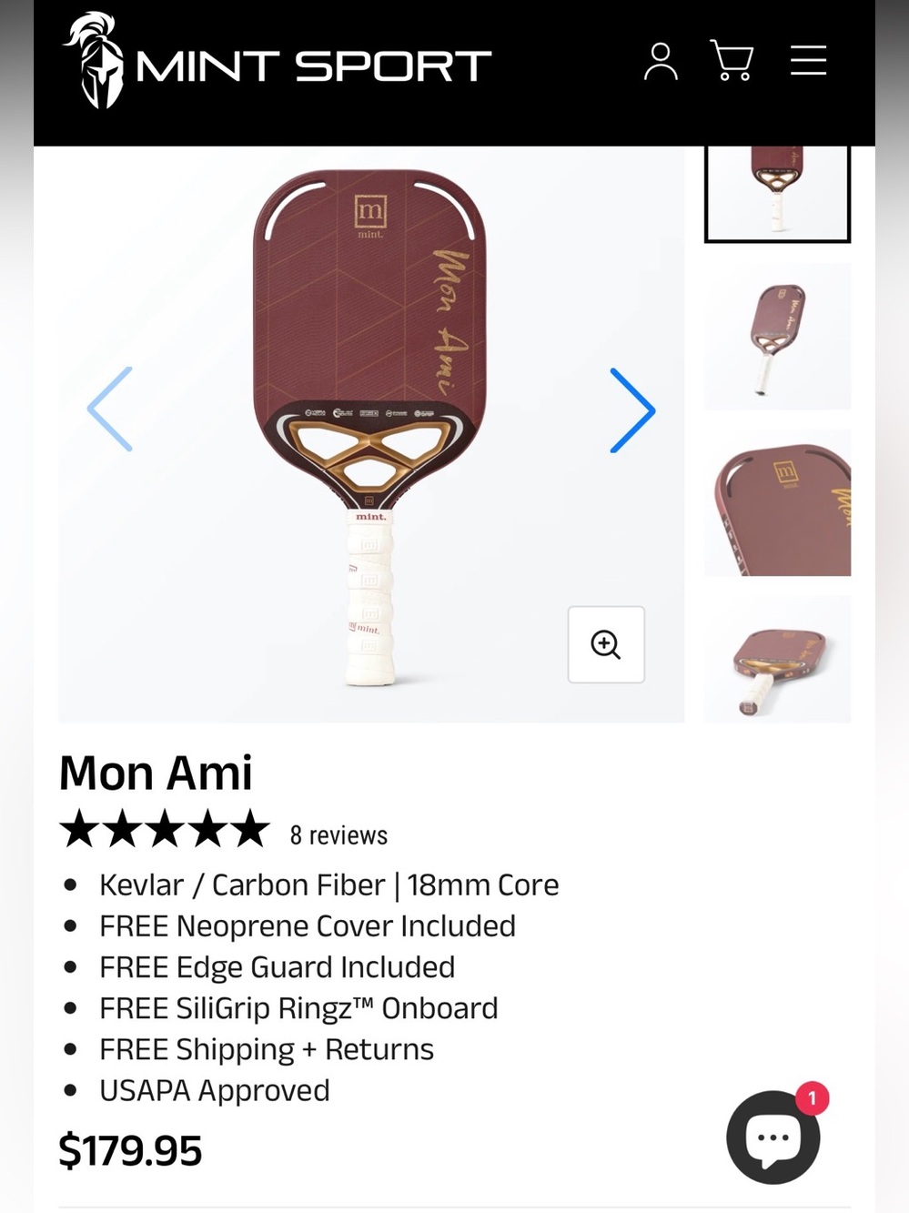 Mint Sport Mon Ami Kevlar / Carbon Fiber | 18mm Core Pickleball Paddle | NEW - Picture 2 of 16